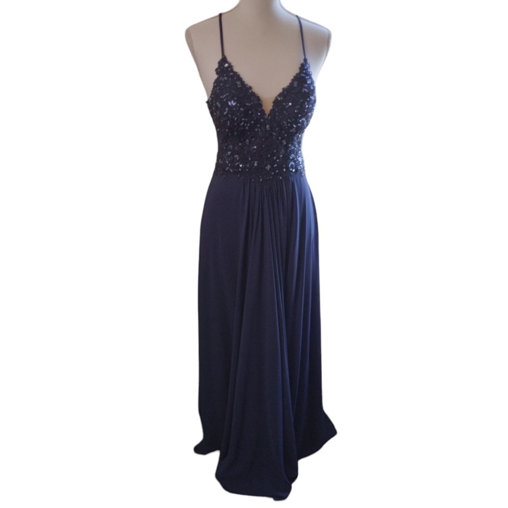 Faviana maxi dress womens sz 2 prom formal glam sequin crisscross back y2k blue - Picture 2 of 13